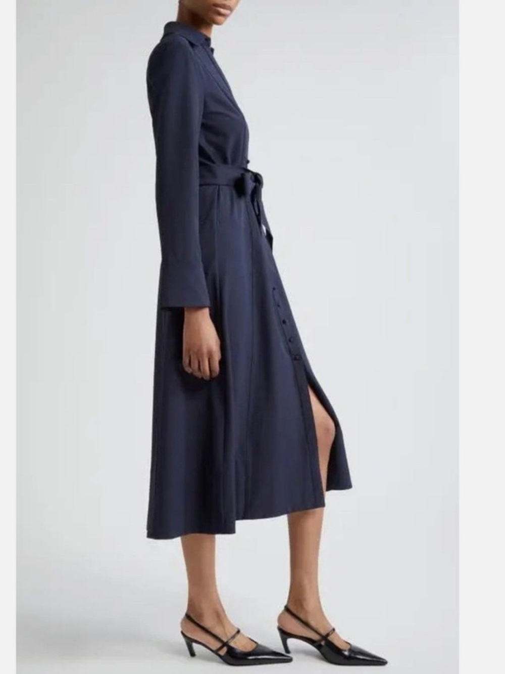 CINQ à SEPT   Kyla Long Sleeve Belted Midi Button Down Shirt Dress in Navy - Picture 3 of 8